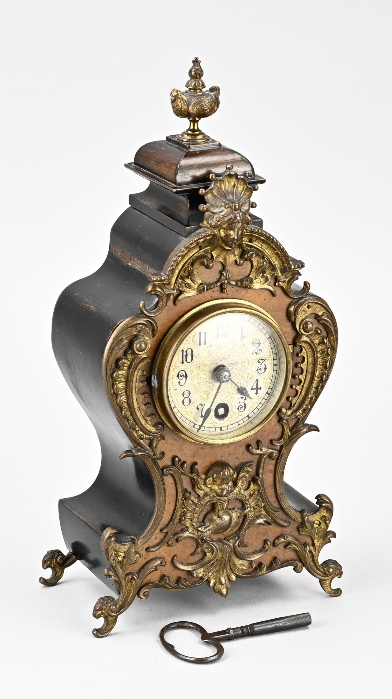 Lenzkirch pendulum clock: Antique German walnut Lenzkirch pendulum with silent movement and bronze decoration. Lenzkirch Aug. No. 780051. Size: 31 cm. In good condition.