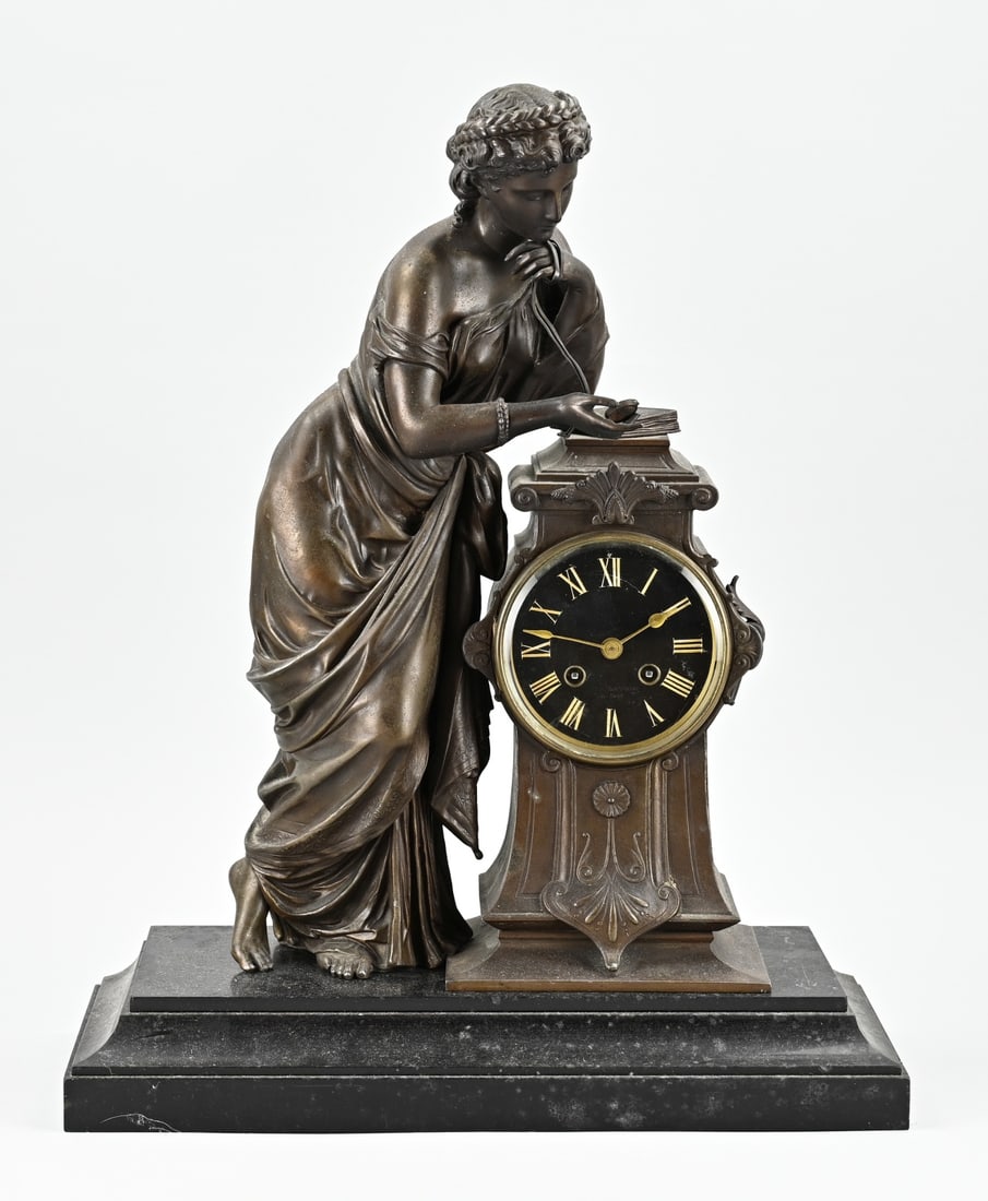 French pendulum clock, 1870: Antique composition metal + marble pendulum. Circa 1870. Eight-day movement, half-hour strike. Figure is loose. Dimensions: H 52 cm. In good condition.