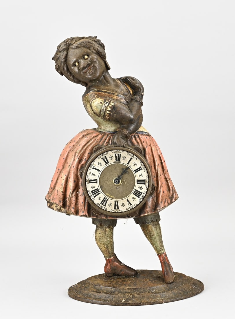 Diecast clock case (USA), 1910: Antique American Diecast clock case. Circa 1910. Clockwork defective + later original polychromy. Size: 42.5 cm. In good condition.