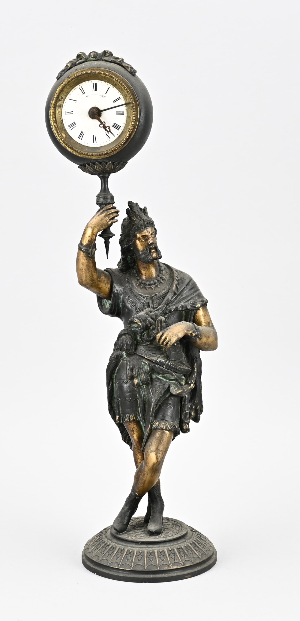 French alarm clock, H 46 cm.: Antique composition metal French alarm clock with original polychromy. Circa 1900. Dimensions: H 46 cm. In good condition.