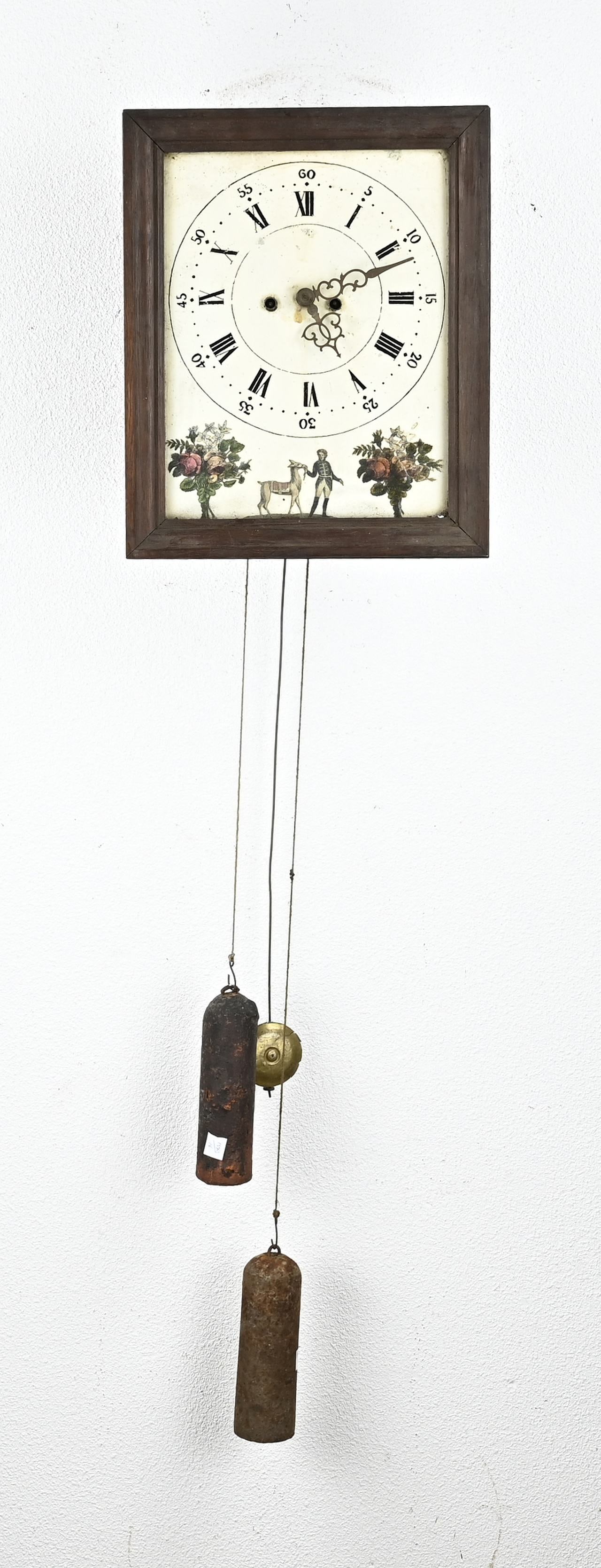 Wall clock/behind glass painting: Antique wall clock with rear glass painting and oak frame. Circa 1900. Eight-day movement, half-hour strike. Dimensions: 44 x 35 x 21 cm. In good condition.