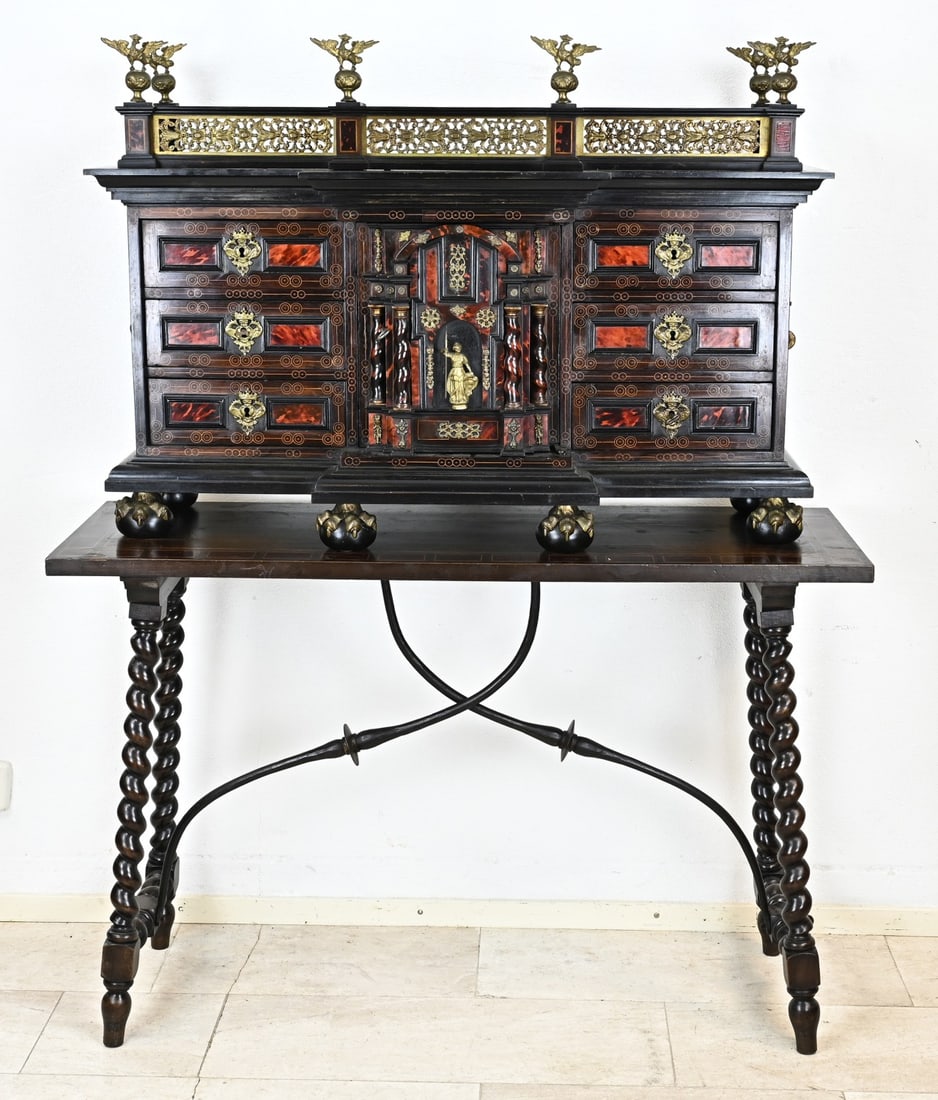 17th Century Renaissance display cabinet: Professionally restored 17th century Renaissance display cabinet. Ebonised. On 19th century Spanish table, with tortoiseshell veneer, bronze gilded fittings, drawer locks renewed. Fittings, door lock