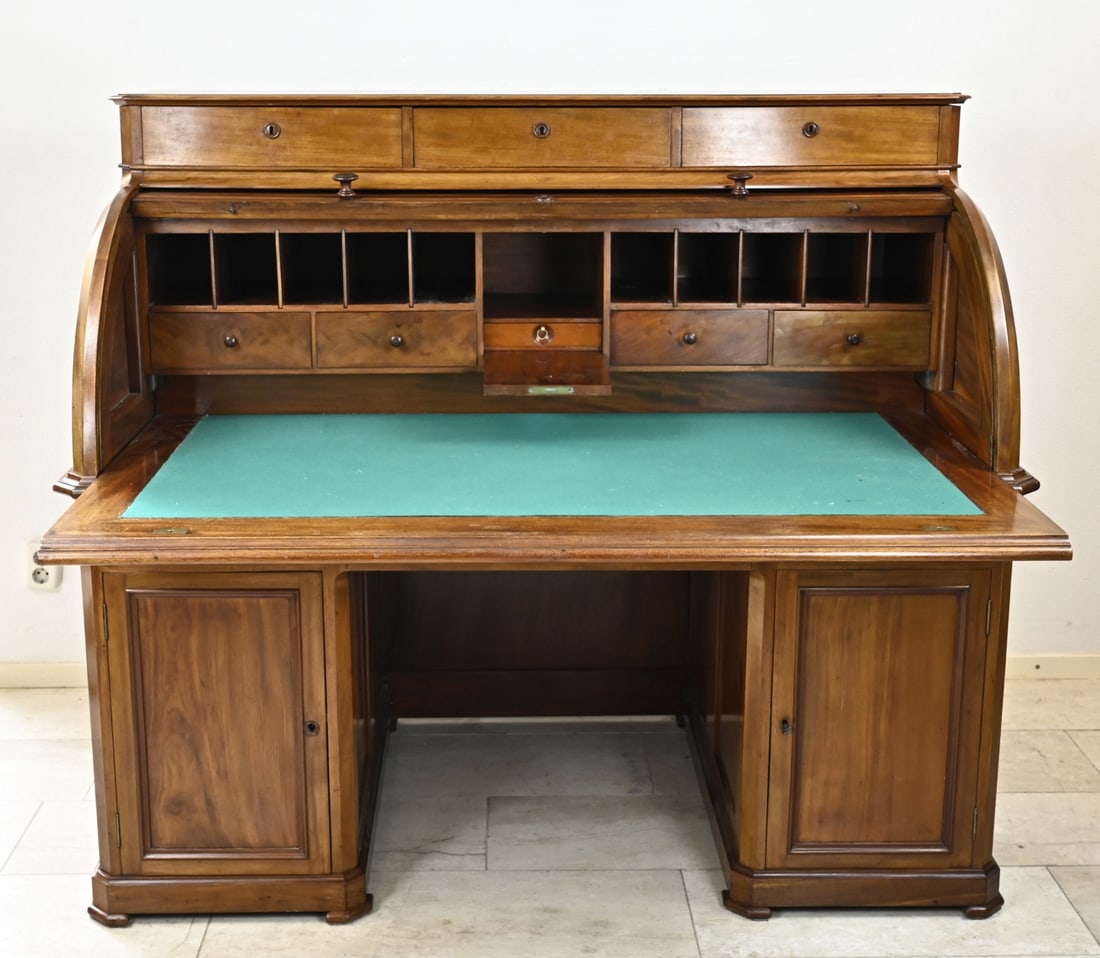 Mahogany Rolling Desk, 1860: Beautiful solid mahogany roller desk. Biedermeier. Circa 1860. Back also entirely of mahogany. With pull-out worktop, with various drawers and compartments behind the roller. On the sides are two