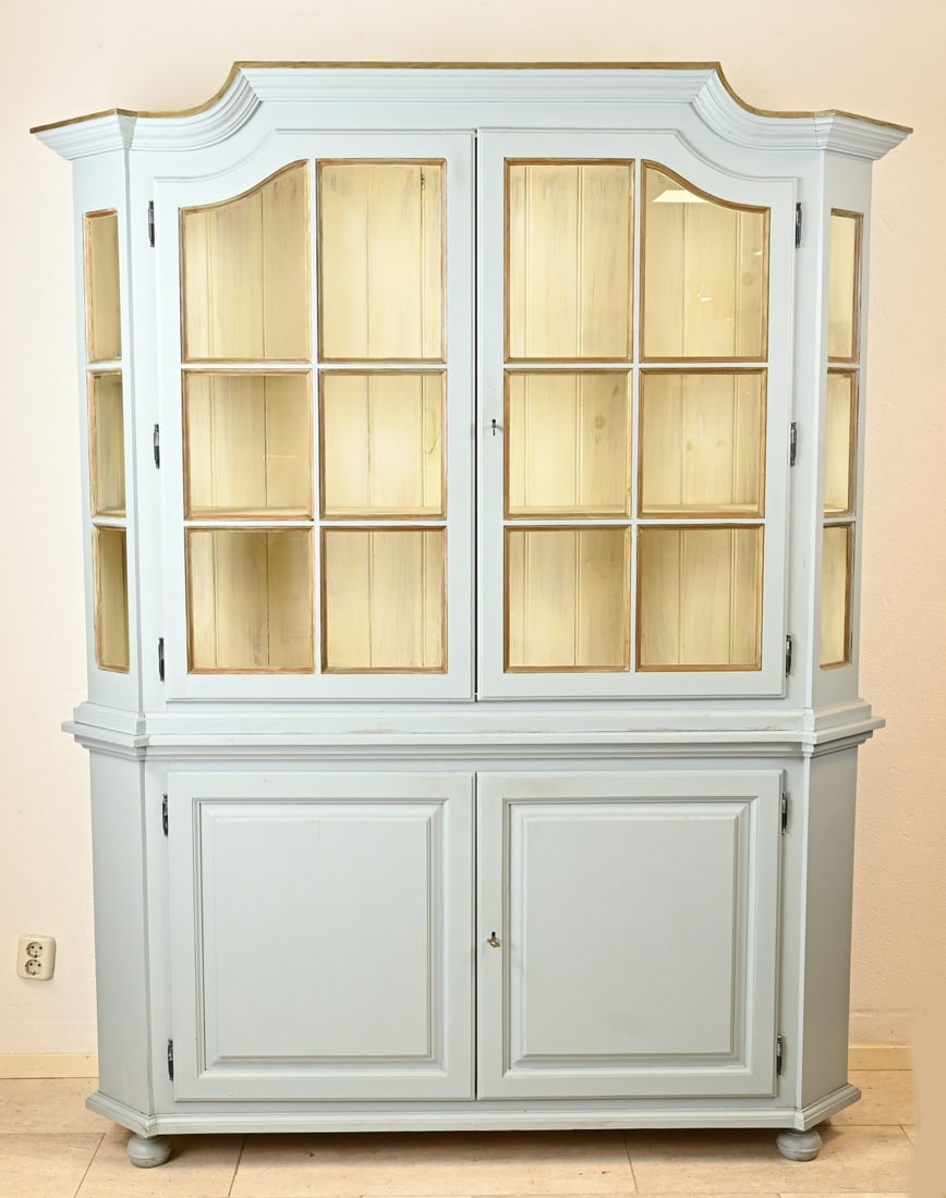 Dutch china cabinet (2-piece): Painted, light blue, Dutch dresser of pinewood. Two-piece. Second half 20th century. Dimensions: 225 x 176 x 46 cm. In good condition.