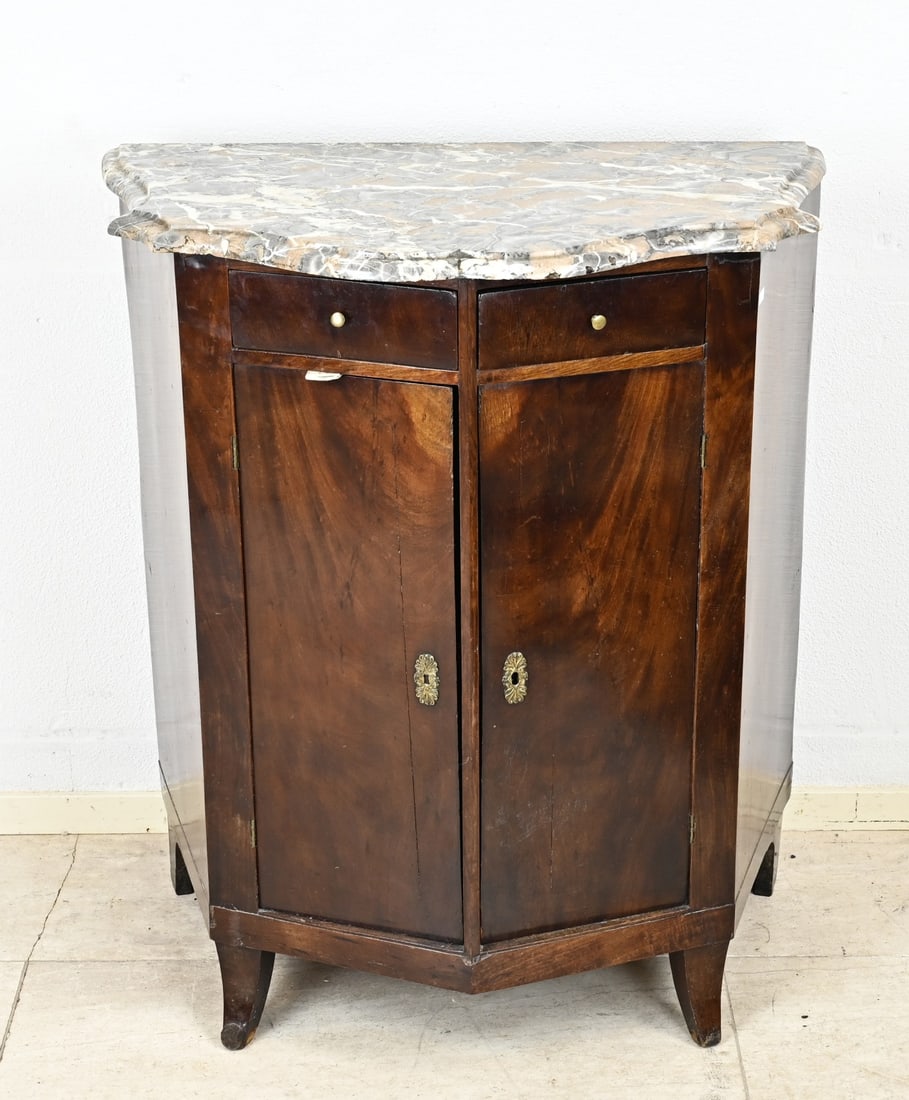 Special 18th century cabinet: Special 18th century cabinet with marble top. Cabinet has beveled corners and the doors come forward at an angle. Cabinet is mahogany veneered on oak. Marble top is intact. Dimensions: 92 x 78 x 48