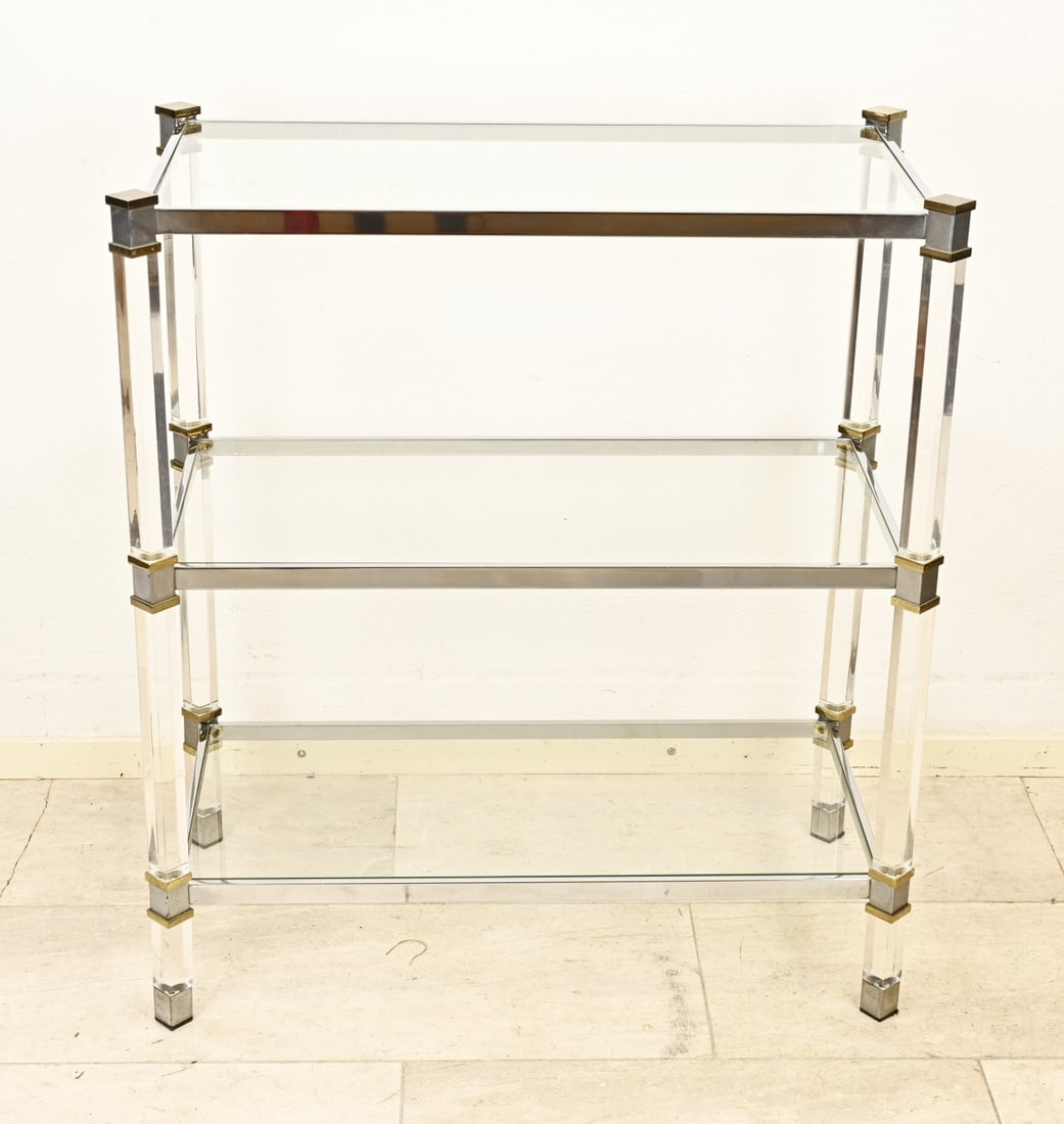 Design etagere table (glass): Design etagere, chrome with brass. Second half 20th century. Dimensions: 90 x 81 x 42 cm. In good condition.