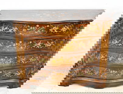 Chest of drawers with intarsia: Beautiful fully inlaid drawer chest of drawers in Baroque style. With curved sides and various types of wood, completely inlaid with flower intarsia. Front with carving and drawers with bronze fitting