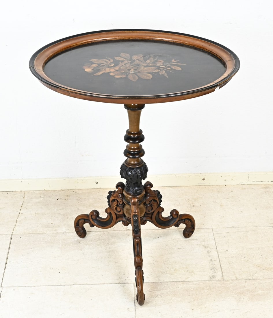 Marquetry side table, 1860: Marquetry side table with beautiful carved leg. Top is inlaid with image of birds/cherries. Circa 1860. Dimensions: 80 x 66 x 55 cm. In fair/good condition.