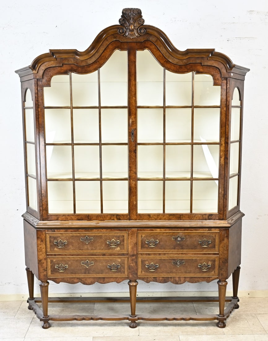 Display cabinet with cross base: Antique Dutch burl walnut display cabinet with cross legs. Circa 1900. Dimensions: 230 x 170 x 45 cm. In good condition.