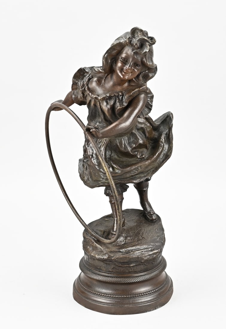 Image, Girl with hoop, H 39 cm.: Antique French composition metal statue. Girl with hoop. (Flora). Circa 1900. Circa 1900. Size: H 39 cm. In good condition.