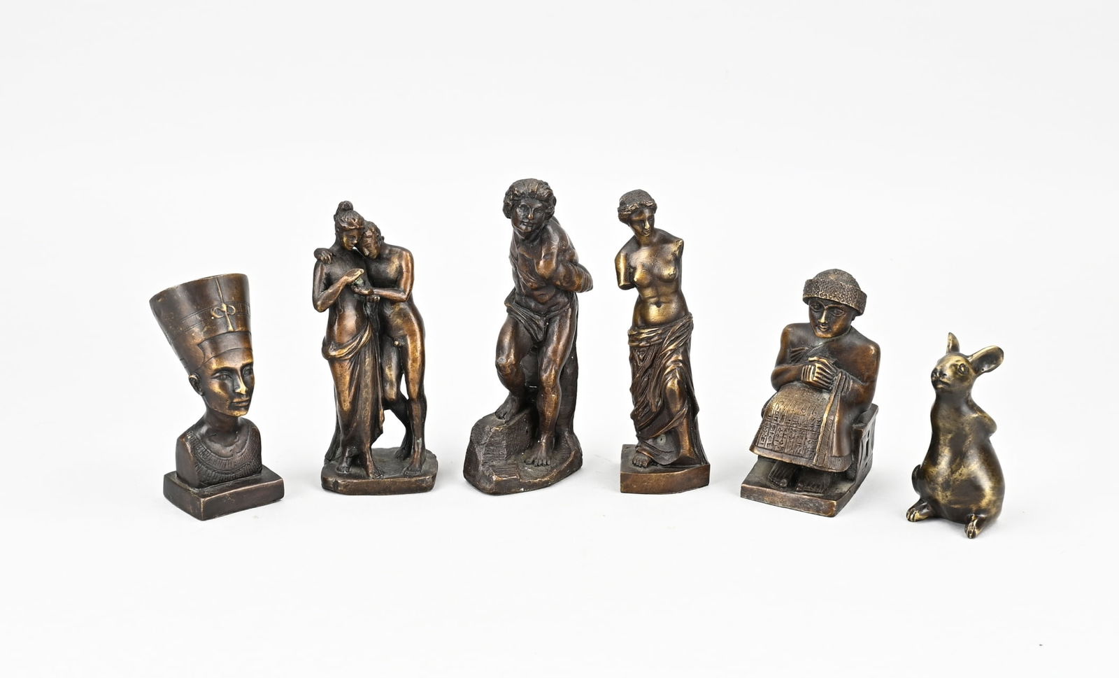 Six various figurines, H 9 - 15 cm.: Six various bronze figures. 20th century. Size: 9 - 15 cm. In good condition.
