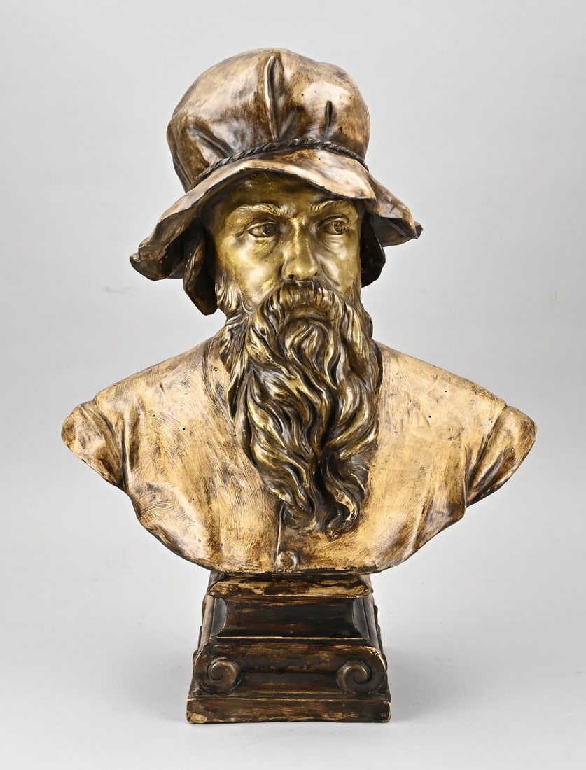Goldscheider male bust, 1900: Large, antique Viennese Goldscheider male bust. Man with beard. Signed. Circa 1900. Some damage. Size: 59 cm. In fair/good condition.
