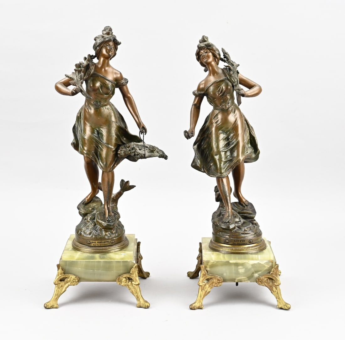 2 French figures, Guillemin: Two antique French figures of composition metal with onyx. Par Guillemin. Circa 1900. Art Nouveau. Size: 44 - 46 cm. In good condition.