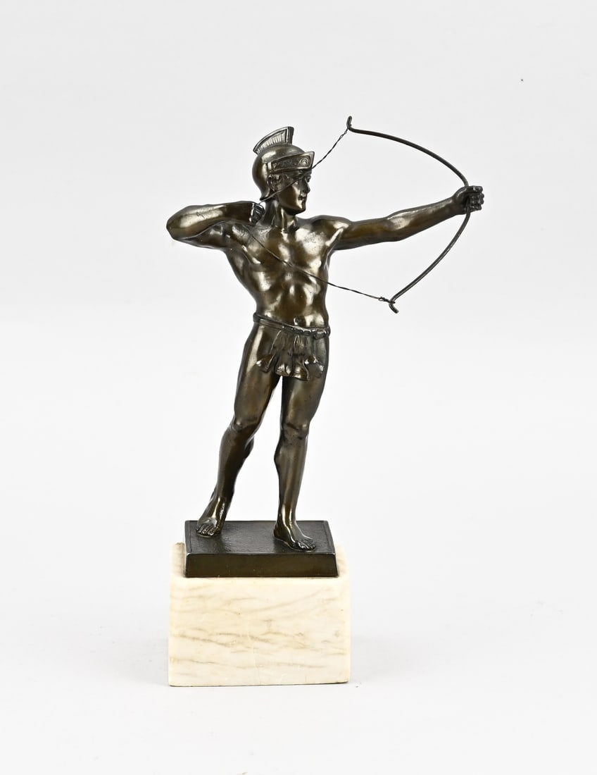 Image, Sagittarius: Antique statue of an archer on marble base. Bronze-colored composition metal. Circa 1920. Size: H 28 cm. In good condition.