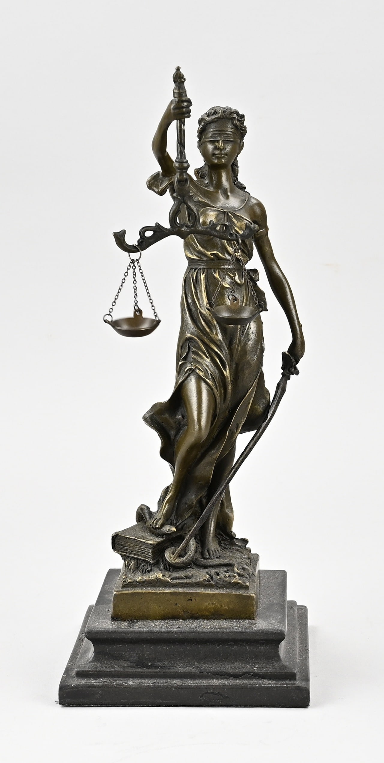Lady Justice: Bronze Lady Justice with scales and sword, standing on black marble base. Dimensions: 34 x 13 x 13 cm. In good condition.