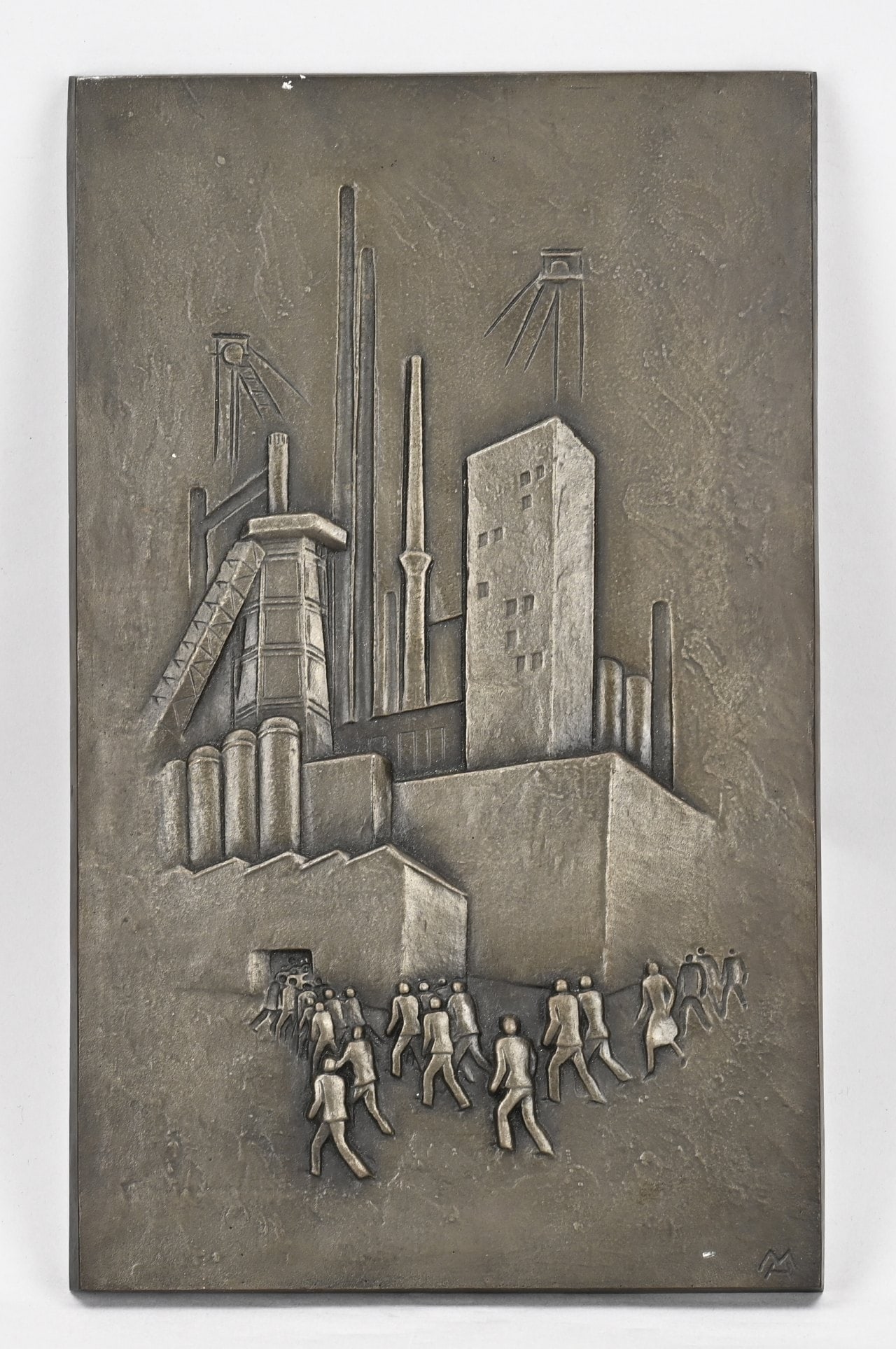 Cast Iron Plaque, Factory with Workers: Old cast iron plaque with image of factory and figures. Monogram MH Circa 1960. Buderus casting stamp. Dimensions: 41 x 24.5 cm. In good condition.