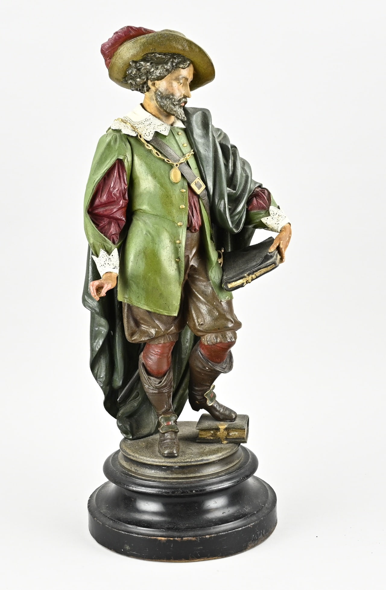 Image of scholar: 19th century composition metal figure with original polychromy + ebonised wooden console. France. Dimensions: H 54 cm. In good condition.