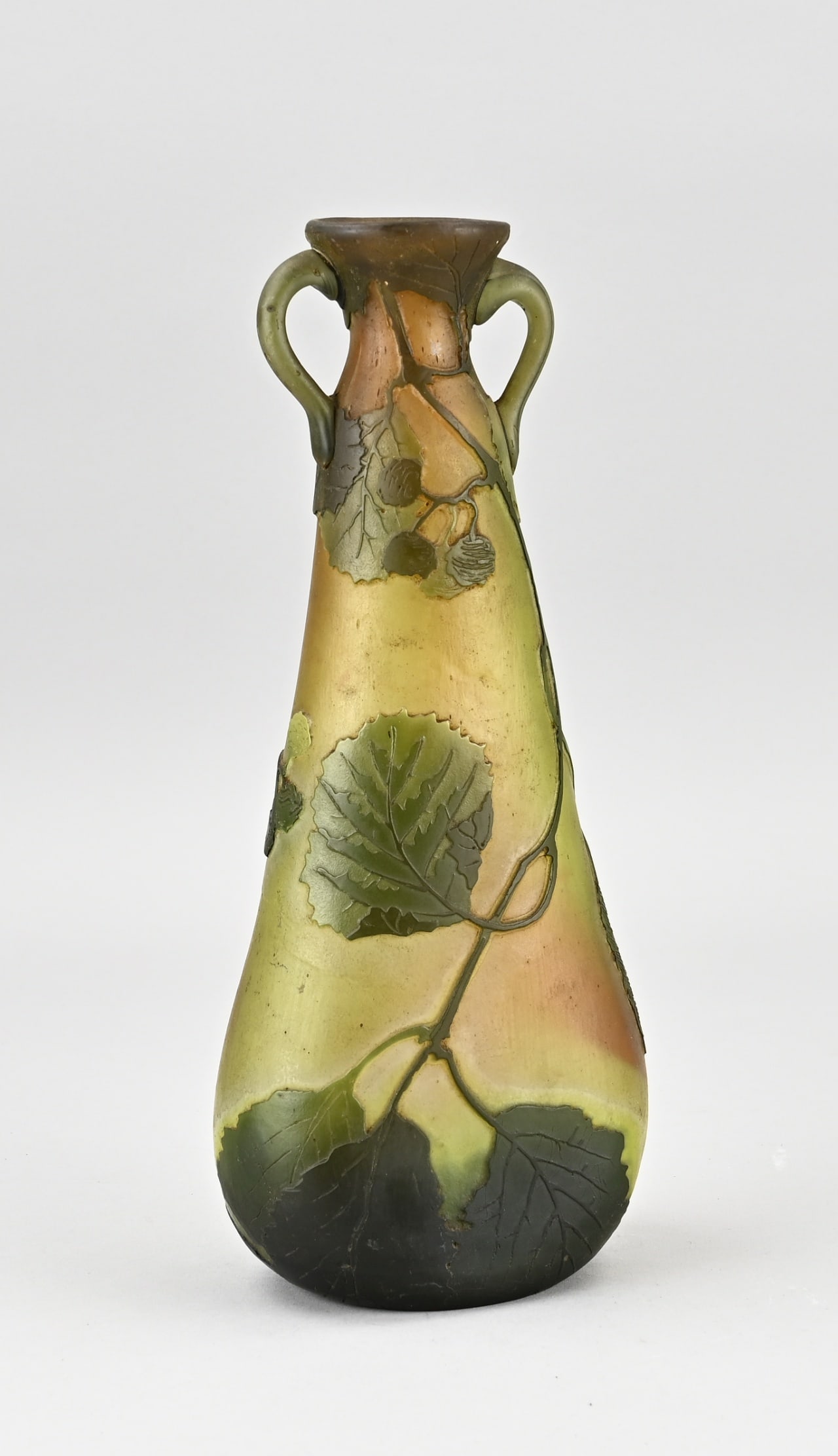 LeGras vase, 1900: Antique glass LeGras vase with floral decoration + signature. Art Nouveau. Circa 1900. Size: 28 cm. In good condition.
