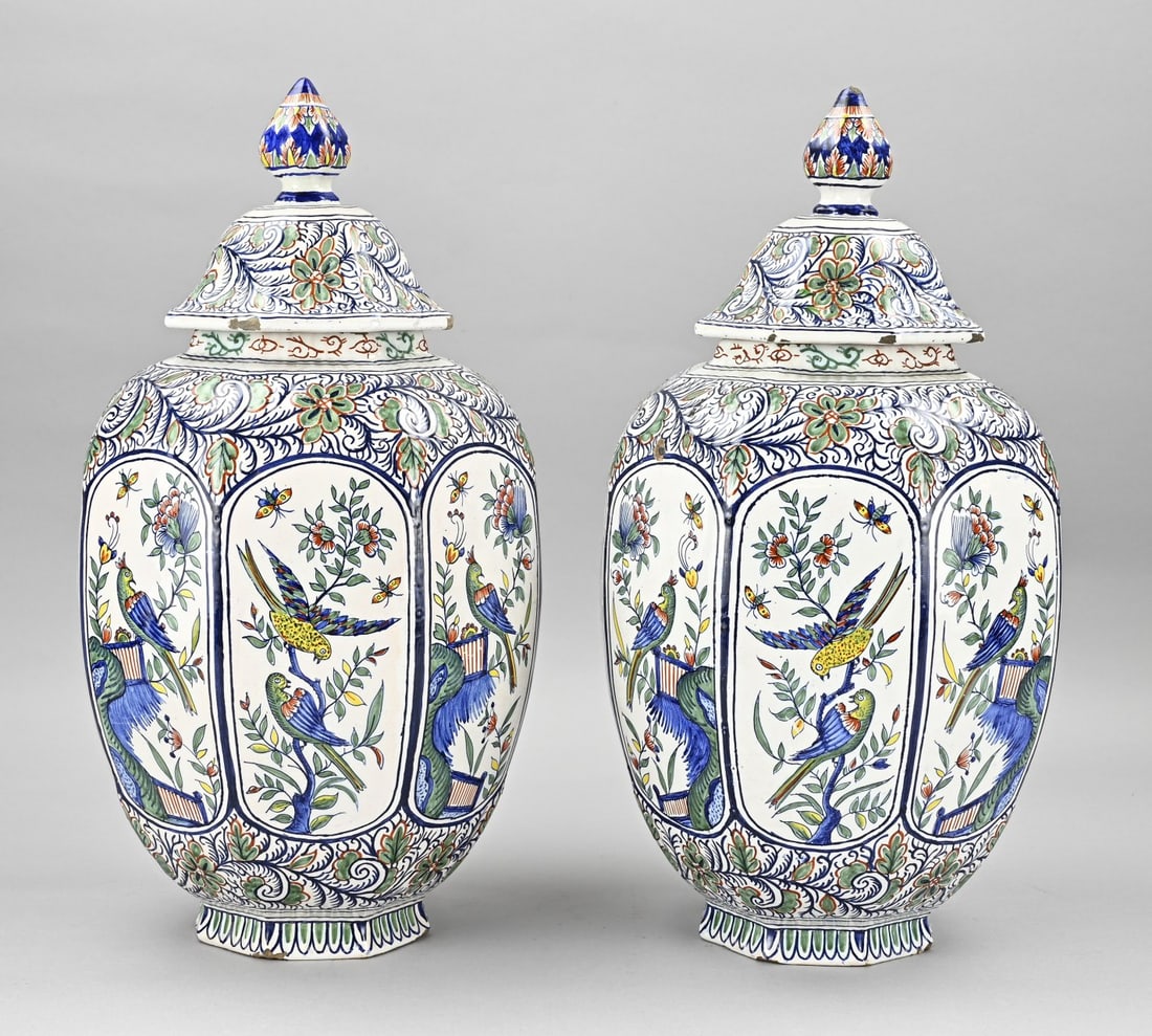Two 19th century lidded vases, H 42 cm.: Two large 19th century polychrome faience covered vases with initials bottom mark. Floral/bird decoration. Single chip. Dimensions: H 42 cm. In good condition.