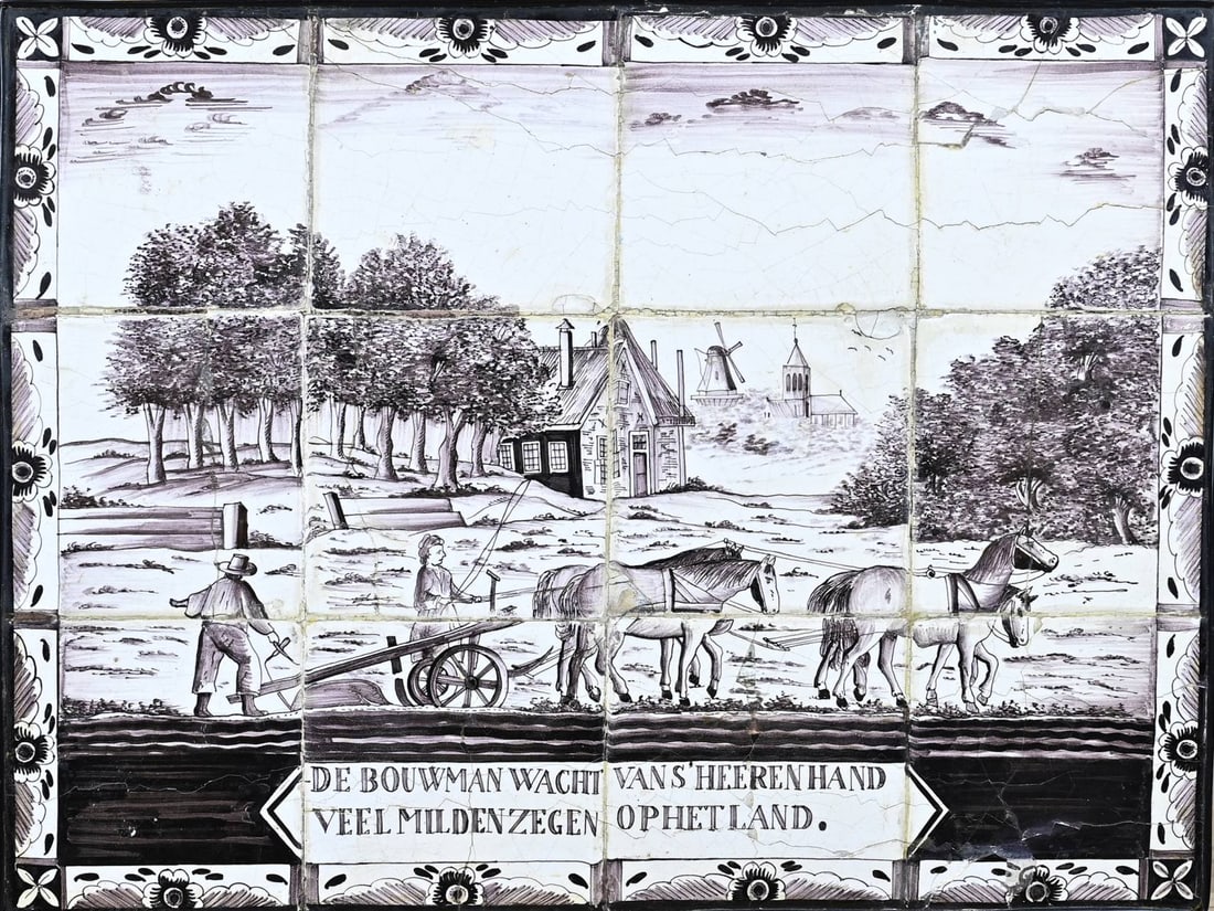 Tile tableau, Ploughing farmer: Early 19th century Dutch 12-pass manganese tile tableau with ploughing farmers scene + saying. Various restorations. Dimensions: 40 x 53 cm. In reasonable condition.