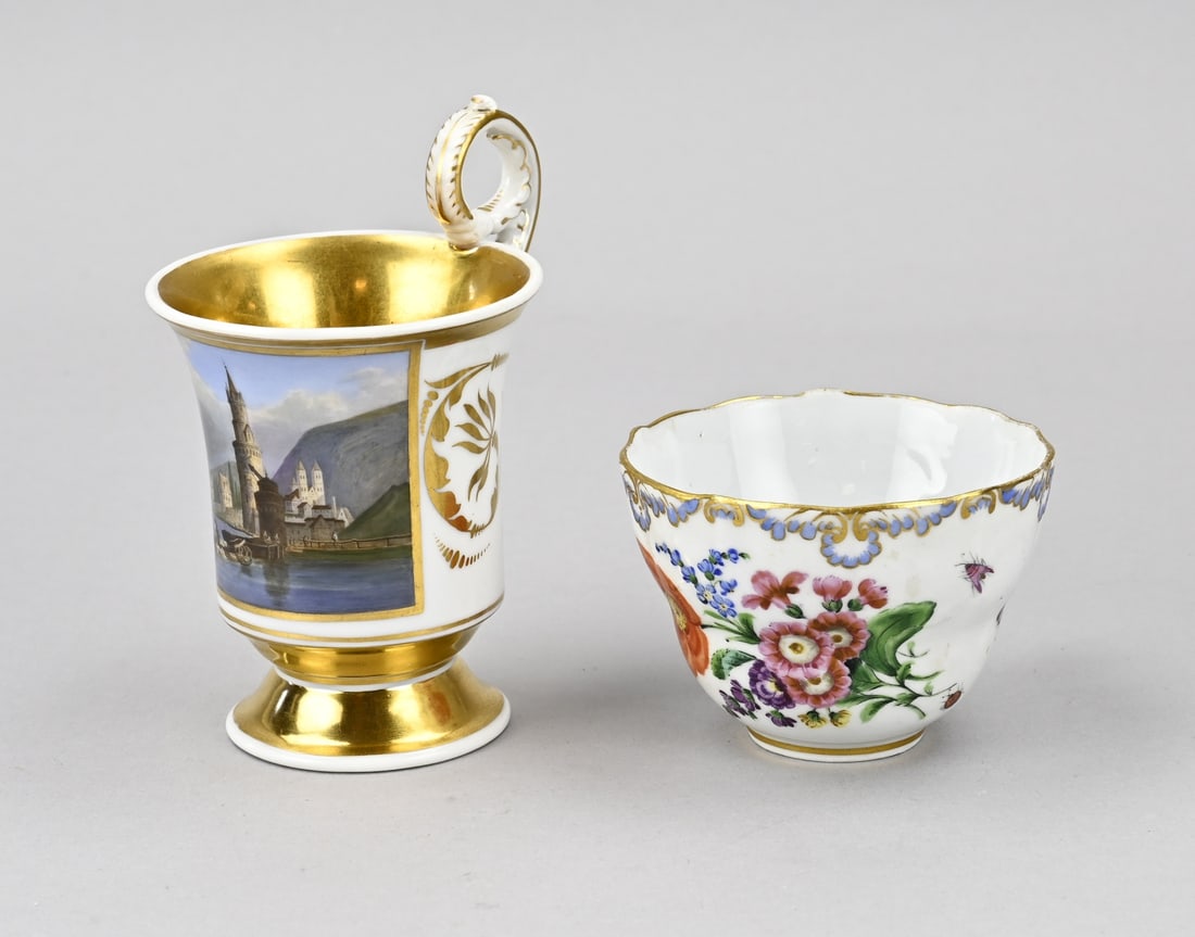 2x German porcelain: Two German porcelain cups. 1x KPM cup with mountain landscape/castle/gold decoration, 19th century. 1x Meissen cup with floral/gold decoration. Circa 1900. Size: 6 - 13 cm. In good condition.