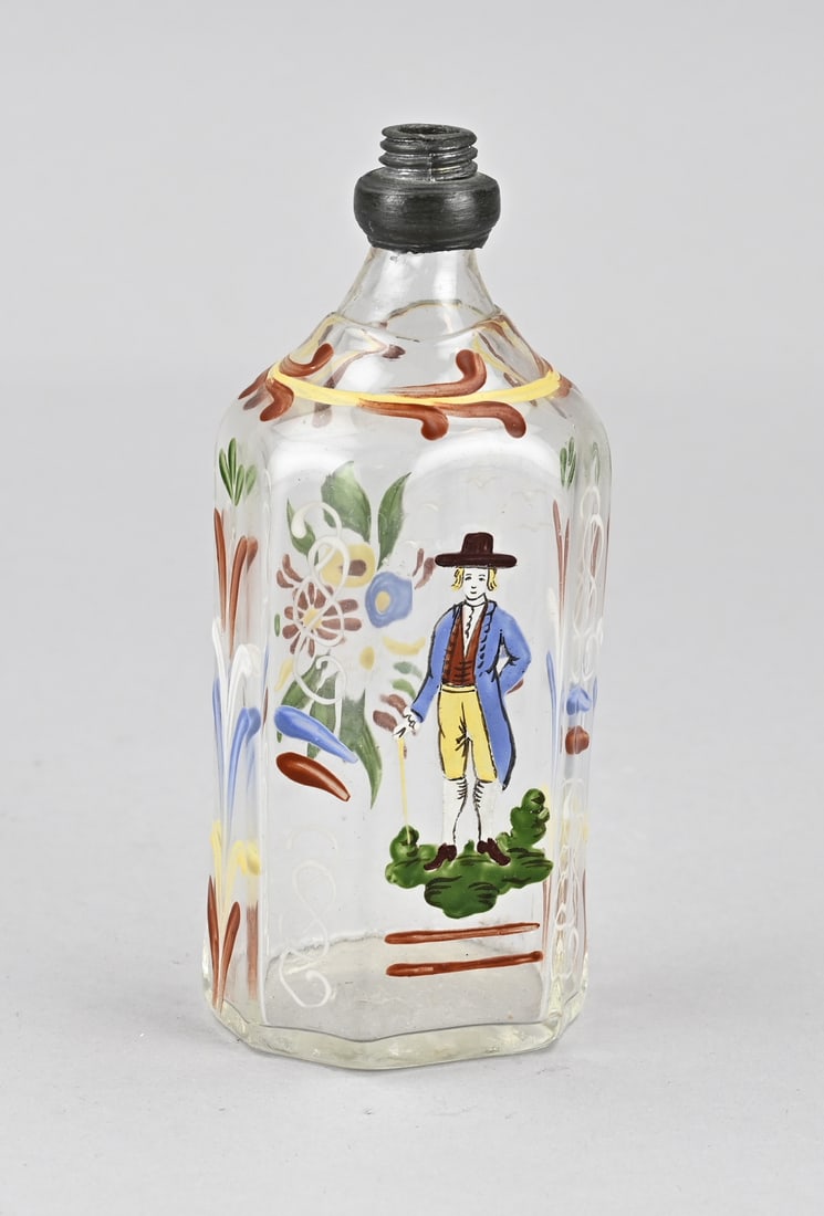 Antique German Schnapps Bottle: Antique German hand painted glass Schnapps bottle with pewter frame. Cap is missing. Size: 15 cm. In good condition.