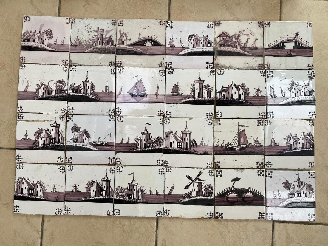 Lot of mound tiles (24 x): 24 Pieces terp tiles in manganese color. Various images. 19th century. Size: 13 x 13 cm. In good condition.