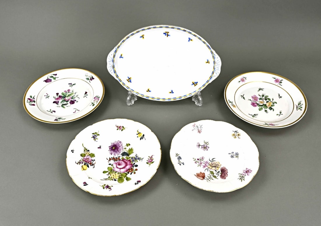 Five German plates: Five antique German porcelain plates. Among others; Two plates Meissen + unknown, floral/gold decor, 18th - 19th century. Two KPM, floral/gold decor, circa 1990 - 1920, good. One KPM tablet, art