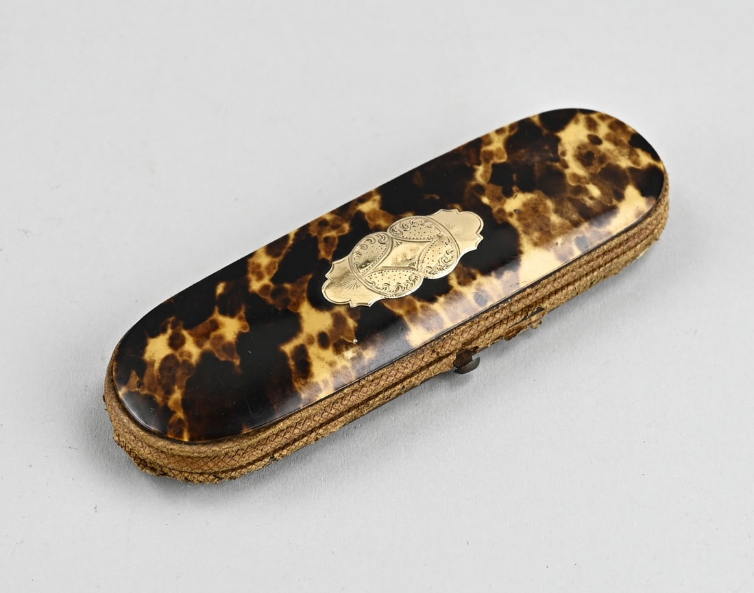 Glasses case with gold work: Beautiful spectacle case, oval model with a yellow gold contoured element, 585/000, decorated with pointillist engraving. 13.5x4x1.5cm. In good condition.