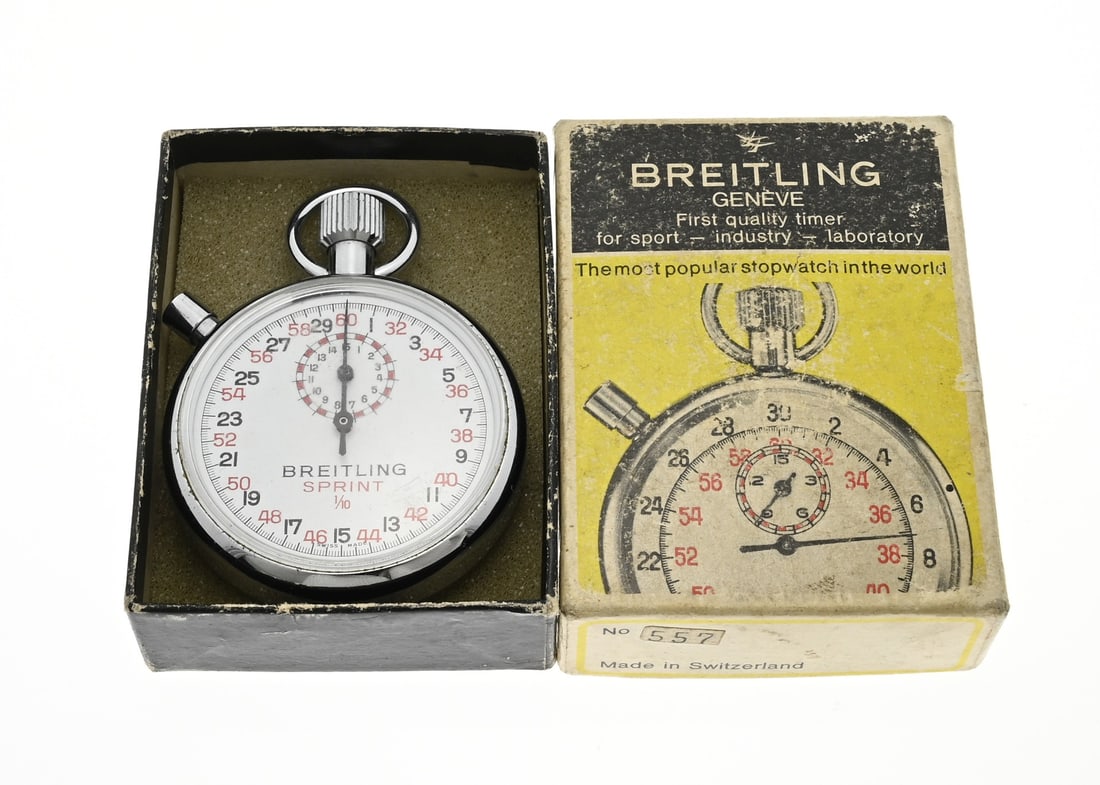 Breitling stopwatch: Bretling stopwatch, sprint, steel with engraving: Gippsland quarterhorse association tired. ø 51 mm., Fixed spring. In box.