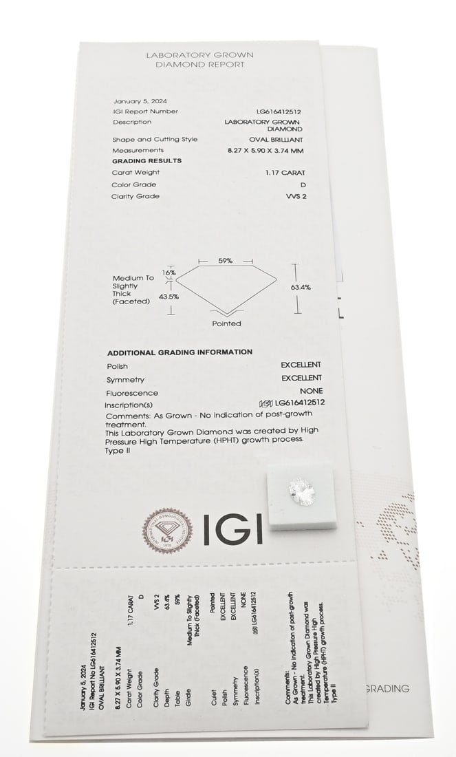 Diamond oval 1.17 ct: Labgrown diamond, oval, 1.17 ct VVS2-D. With IGI certificate. no.: 616412512