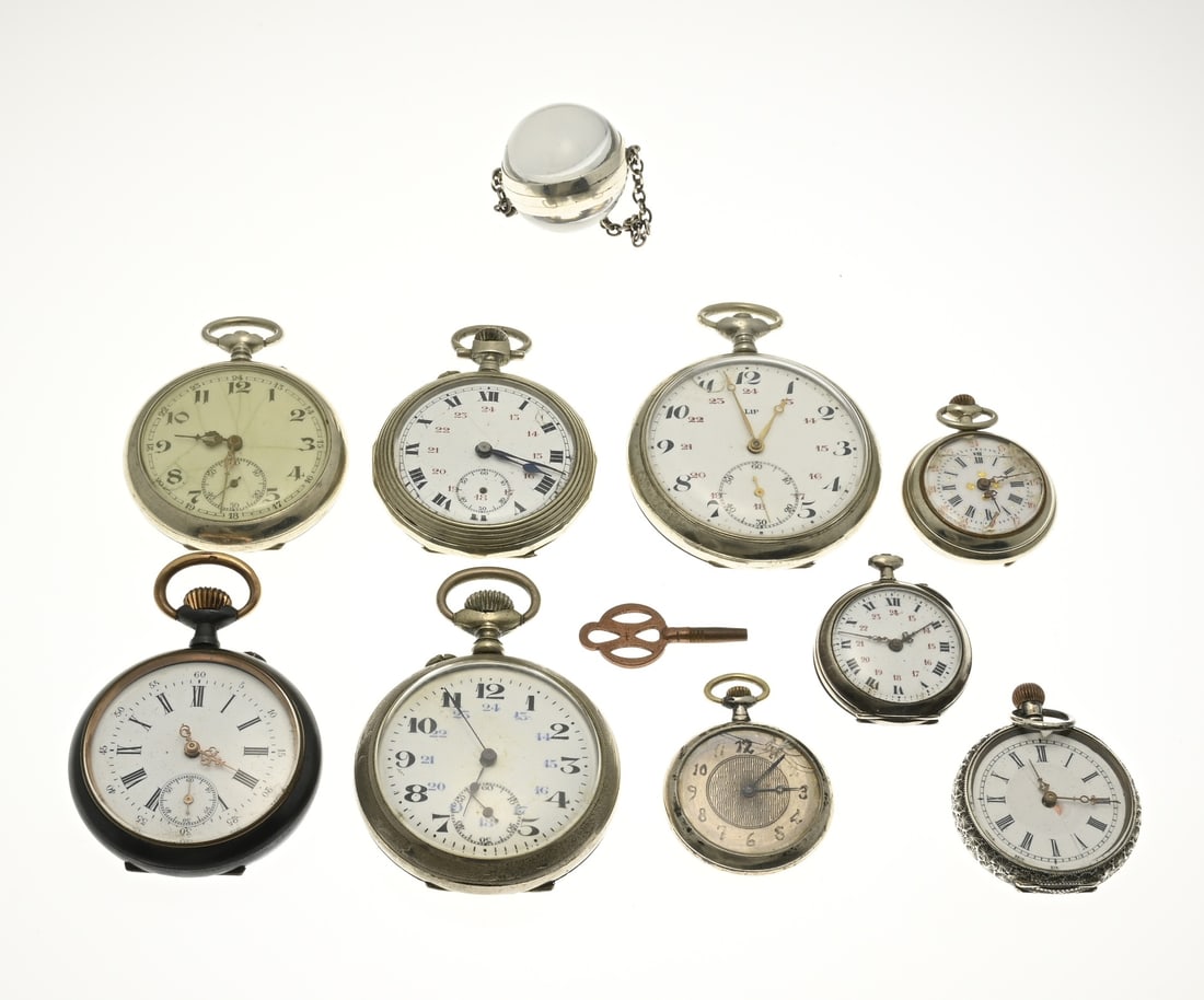 Lot of pocket watches, 10x: A lot with 10 pocket watches, various models, various sizes. In reasonably good condition.