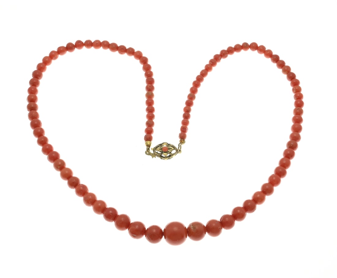 Necklace of blood corals, gold on silver clasp: Necklace of round blood corals, graduated in size, ø 4-11mm., attached to a gold on silver clasp. Various irregularities in the corals. Total approx. 29 grams. Length 50 cm. In good condition.