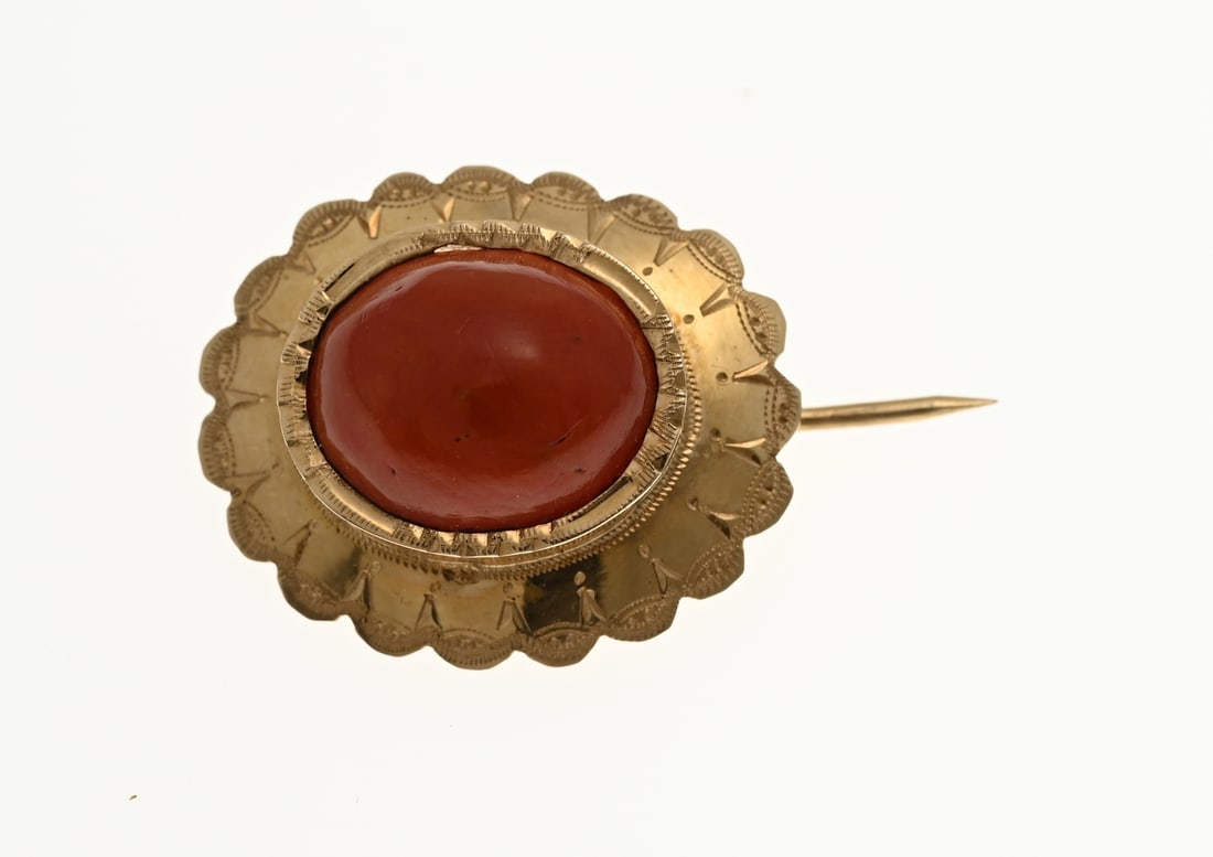 Gold brooch with blood coral: Yellow gold brooch, 585/000, with blood coral. Small oval model with a scalloped edge with engraving. In the middle the brooch is decorated with an oval blood coral. Size 18x21mm. approx. 2.4 grams.