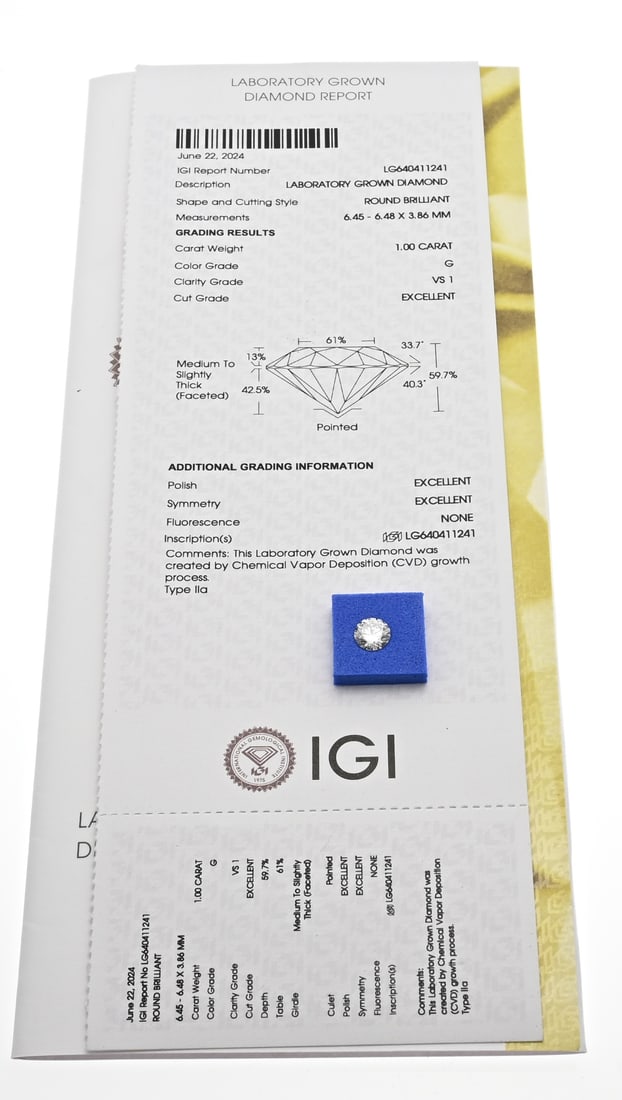 Diamond round 1.00 ct: Labgrown diamond, round brilliant, 1.0 ct VS1-G. With IGI certificate. no.: LG640411241