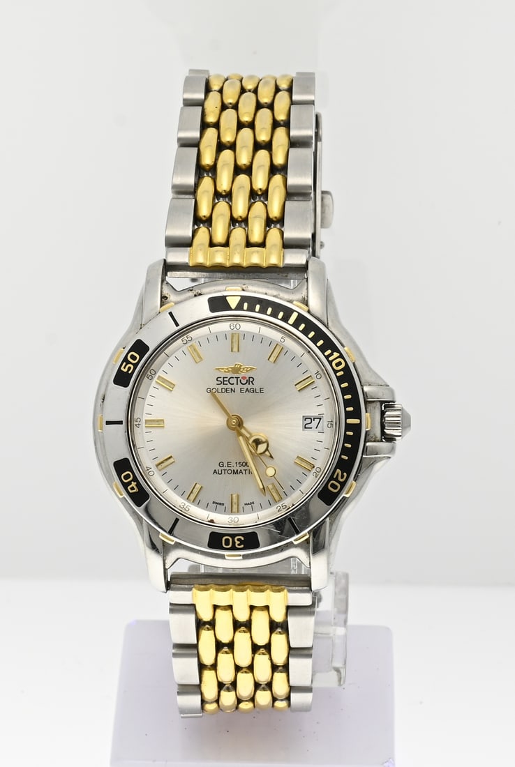 Sector golden eagle watch: Bicolour watch, Sector Golden eagle 1500, automatic with a round case provided with a bezel with black finishing. The watch is attached to a bicolour link strap. ref. no.: 2023271087M 0011. ø case