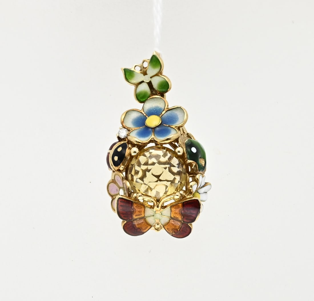 Gold pendant with topaz and enamel: Special yellow gold pendant, 585/000, Roberto Bravo, Noahs Ark, with a faceted citrine and a brilliant cut diamond. The oval pendant is richly decorated with enameled elements in butterfly, ladybug