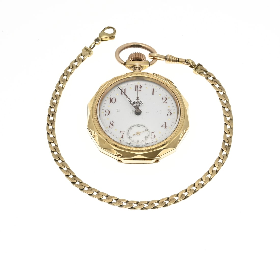Gold pocket watch with chain: Yellow gold pocket watch, 585/000, with a facetted edge. 72 grams. The watch has a white enamel dial with an off-center second hand. ø 45 mm. Spring fixed. The watch has a chain, 333/000, approx. 11