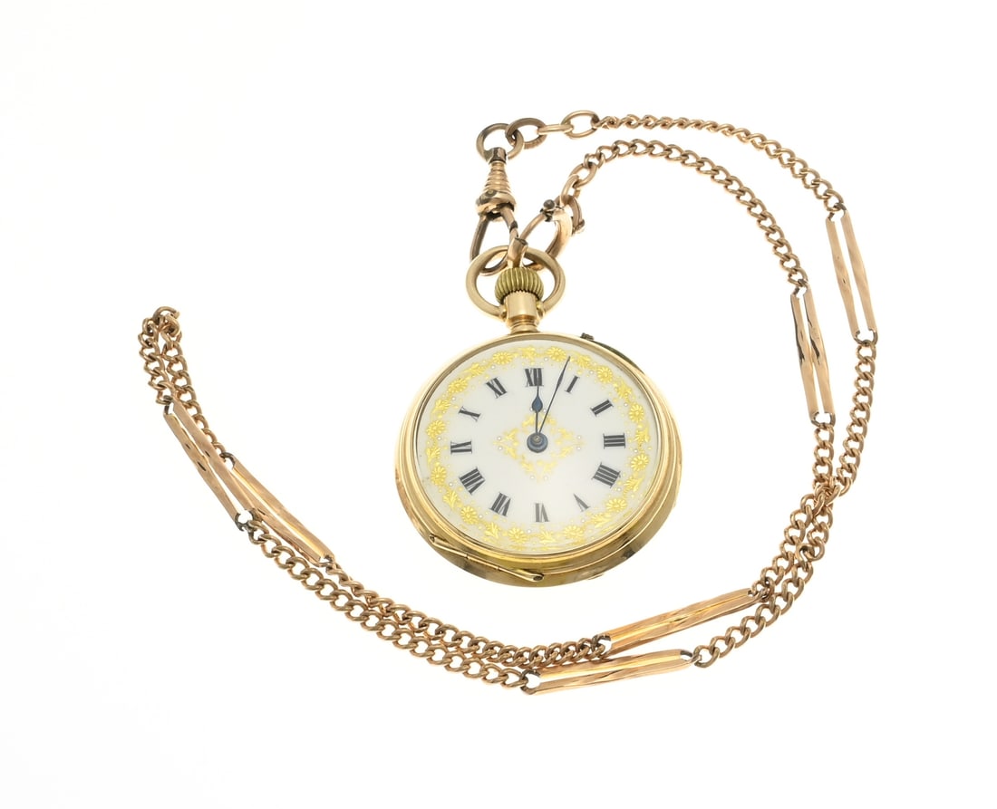 Golden pocket watch: Yellow gold pendant watch, 585/000, with a white dial decorated with gold-colored floral border and Roman numerals. Mechanical, working. The watch has a double watch chain. Equipped with a leather