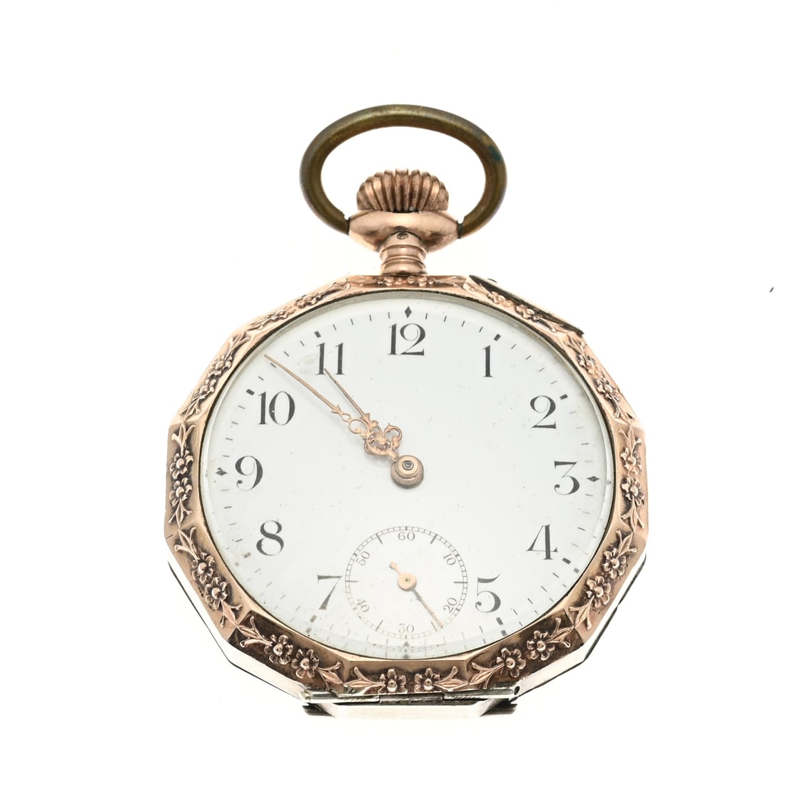 Silver pocket watch with horse.: Silver pocket watch, 800/000, with a rose-plated rim on the front and back, decorated with floral work. The back cover is engraved with a horse. ø 46 mm. Working. In good condition.