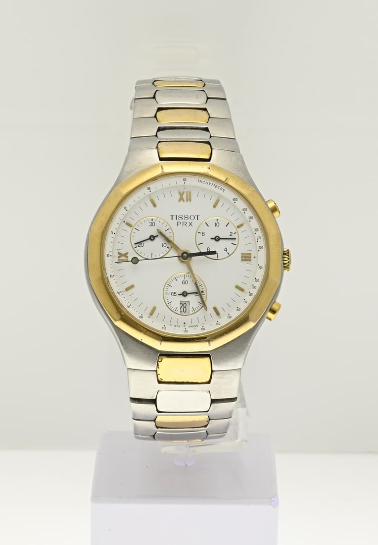 Tissot watch PRX: Tissot watch PRX,, chronograph with white dial and a date display. Quartz. Bicolour, with steel strap. length 22 cm. ø 40 mm. With sapphire glass. ref. no.: P575. Working.