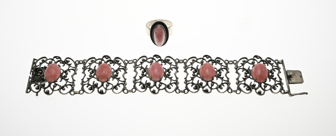Silver bracelet and ring with rhodonite (1 of 1)