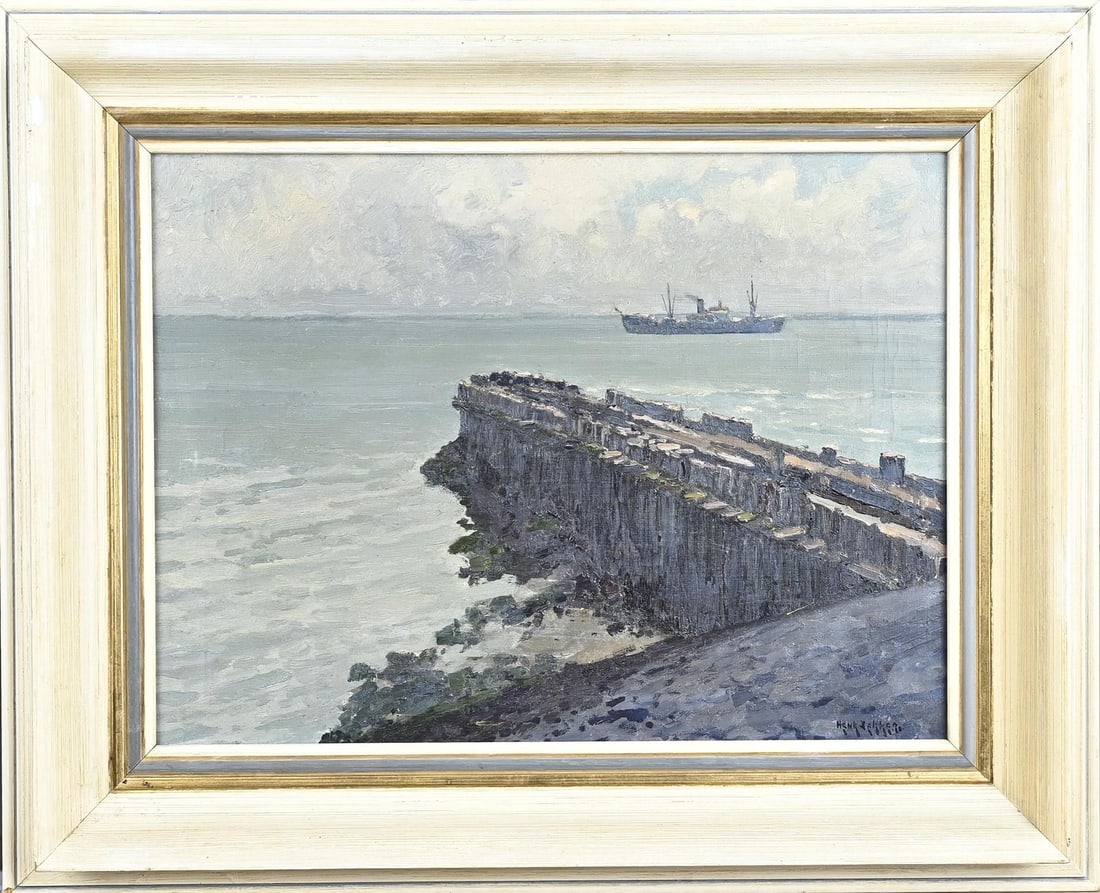 Henk Dekker, Pier with cargo ship: Henk Dekker. 1897 - 1974. Pier with freighter in distance. Oil on canvas. Dimensions: H 30 x W 40 cm. In good condition.
