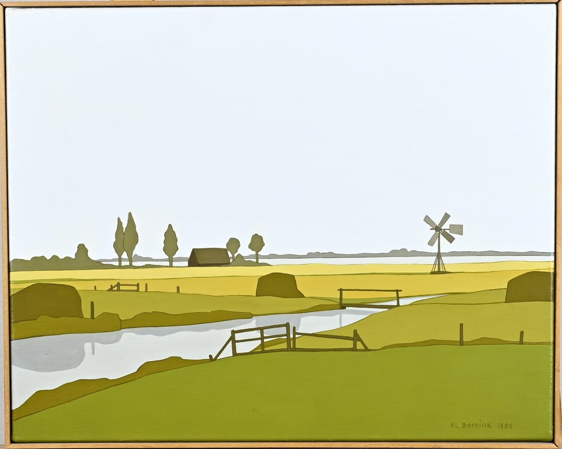 Klaas Bernink, Giethoorn: Klaas Bernink. 1913 - 1996. Near Giethoorn 1980. Acrylic on linen. Dimensions: H 40 x W 50 cm. In good condition.