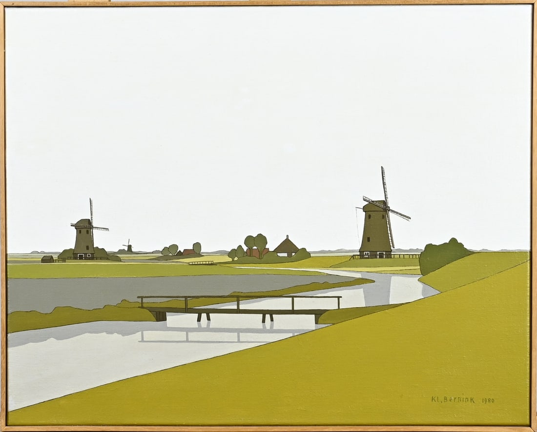 Klaas Bernink, Polder near Schagen: Klaas Bernink. 1913 - 1996. Polder near Schagen (North Holland) 1980. Acrylic on linen. Dimensions: H 40 x W 50 cm. In good condition.
