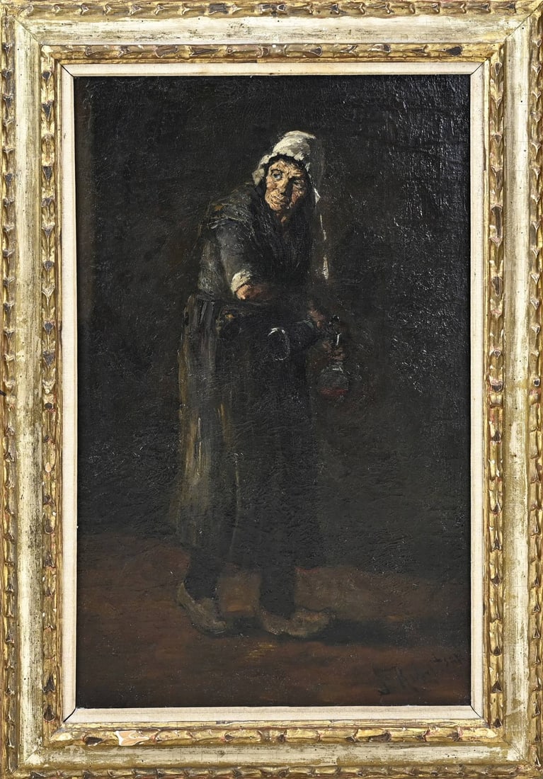 Suze Robertson, Old Woman Pouring Drink Over: Suze Robertson. 1855 - 1922. Amsterdamse Joffers (artists group). Old woman pouring drink over. Oil on linen. Marouflé. Dimensions: H 73 x W 46 cm. In good condition.