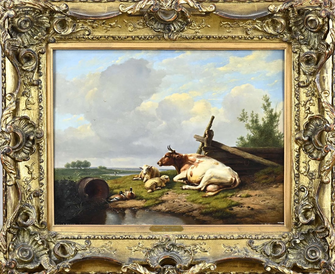E. Verboeckhoven 1798-1881, Cattle at a watering place: Eugene Verboeckhoven. 1798 - 1881. Landscape with cattle + ducks at watering place. Good, pure unrestored condition. Oil on panel. Dimensions: H 27 x W 35 cm. In good condition.