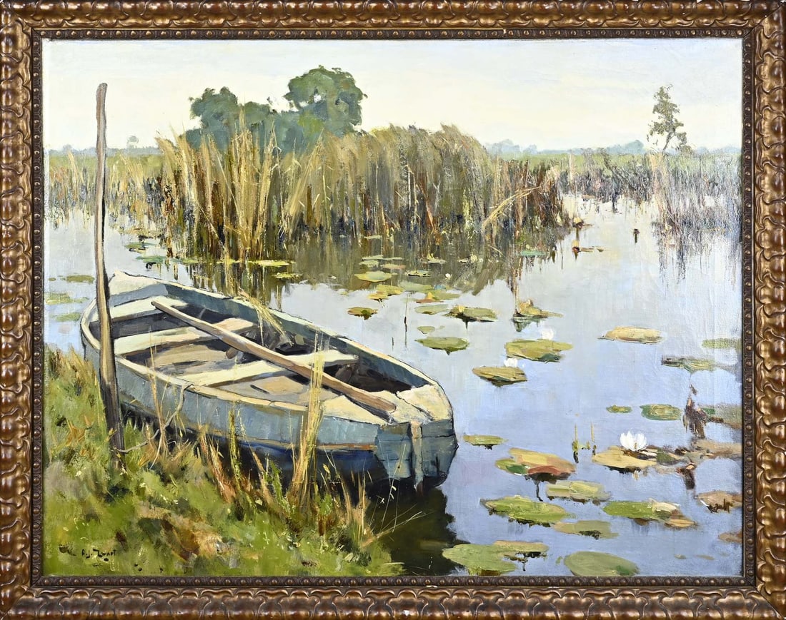 AJ Zwart, Lake view with water lilies: Arie Johannes Zwart. 1903 - 1981. Pond view with water lilies. Oil on canvas. Dimensions: H 75 x W 100 cm. In good condition.