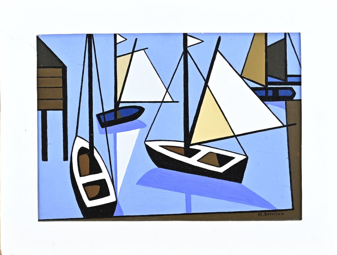 Klaas Bernink, Sailing boats: Klaas Bernink, 1960. 1913 - 1996 Glanerbrug. Sailing boats. Acrylic on panel. Dimensions: H 27 x W 37 cm. In good condition.