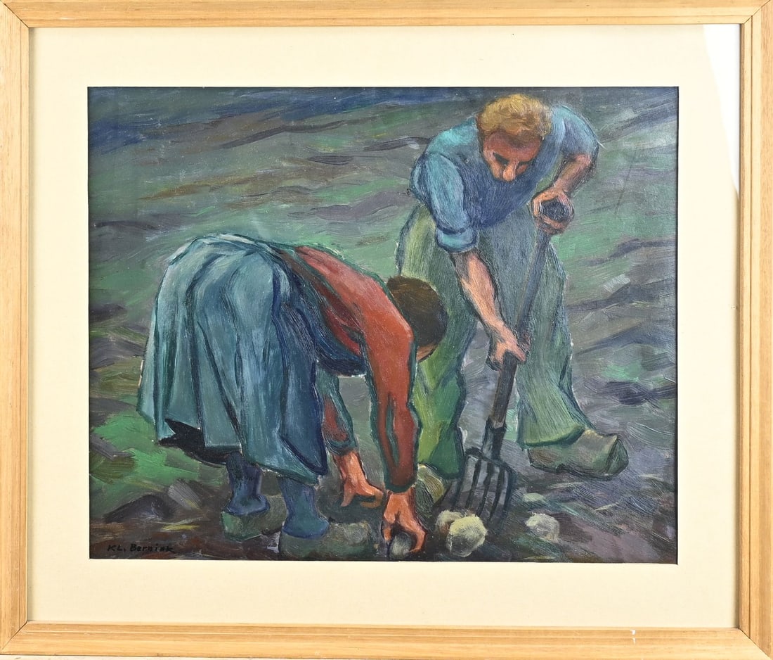 Klaas Bernink, Potato harvesters: Klaas Bernink, 1957. 1913 - 1996 Glanerbrug. Potato harvesters. Oil on panel. Dimensions: H 38 x W 47 cm. In good condition.